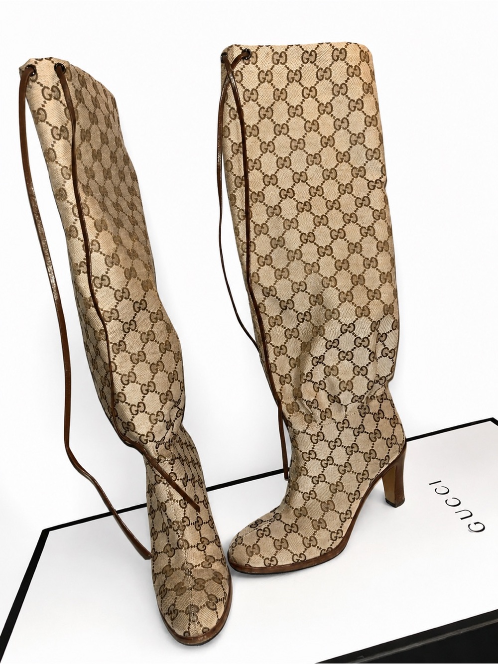 Gucci Original GG Canvas Over-the-Knee Boots Brown Trim Tie Detail